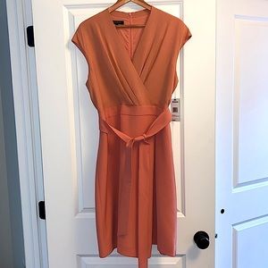 Lafayette 148 belted faux wrap cap sleeve Dress size 16 in peachy mauve